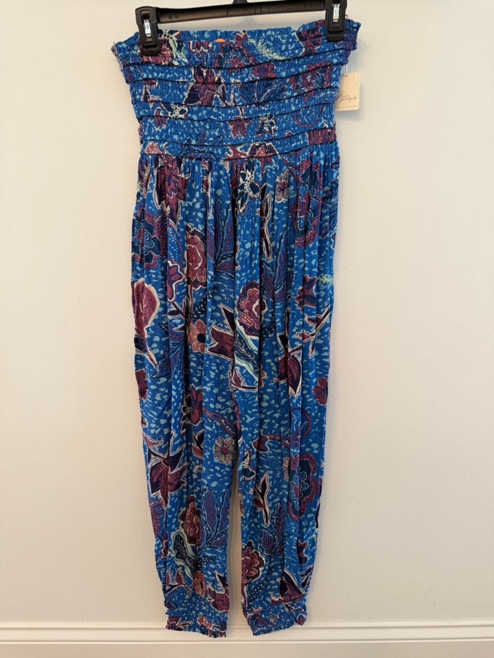 Free People Blue Floral Smocked Waist Flowy Pants